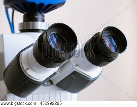 Two Eyepieces Of A Large Microscope For Studying Bacteria And Tissues Of Humans And Plants. Part Of 
