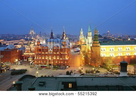 MOSCOW - MAY 3: Night view of the Historical Museum and the Kremlin from the restaurant O2 Lounge, May 3, 2013, Moscow, Russia. O2 Lounge - a stylish bar on the roof of the hotel The Ritz-Carlton