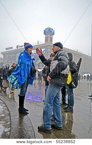 Kiev - Dec 06: People Communicate On Euro Maidan Meeting In Kiev, Ukraine On December 06, 2013.