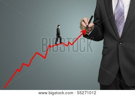 Businessman Drawing Growth Red Arrow And Another Walk On It, Leadship And Team Work Concept