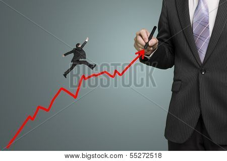 Businessman Drawing Growth Red Arrow And Another Jumping On It