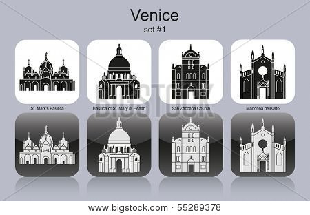 Landmarks of Venice. Set of monochrome icons. Raster illustration.
