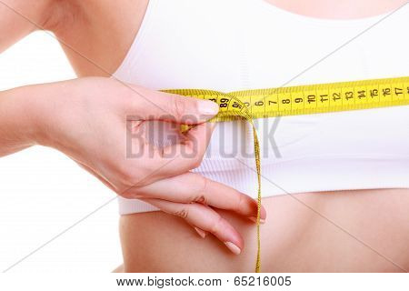 Fitness Woman Fit Girl With Measure Tape Measuring Her Bust