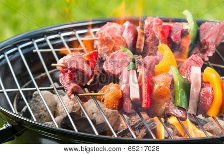 Meat and vegetable skewer on barbecue grill with fire