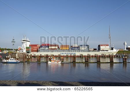 Brunsbuettel - Container Vessel At Departure Of Lockage