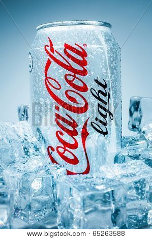 MOSCOW, RUSSIA-APRIL 4, 2014: Can of Coca-Cola Lignt on ice. Coca-Cola is a carbonated soft drink sold in stores, restaurants, and vending machines throughout the world.