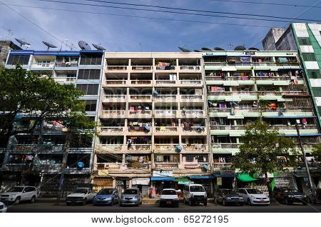 Yangon, Myanmar - October 12, 2013 - Facade Of Run-down Housing Block In The Indian Quarter