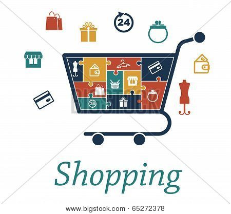 Shopping concept puzzles with a cart and icons