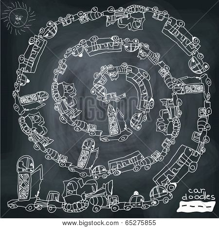 Funny Cartoon Doodle Spiral Composition.child's Hand Draw Cars.