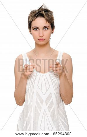woman pointing her finger at you