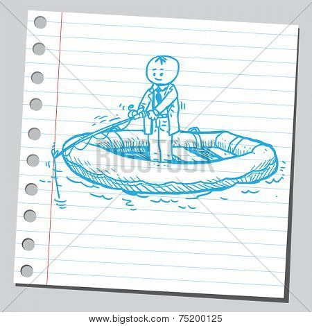 Businessman in inflatable boat fishing