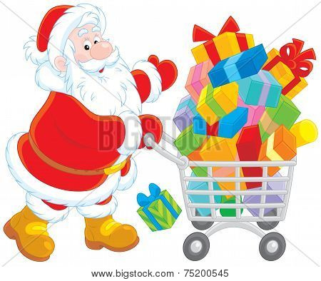 Santa with a shopping cart of gifts