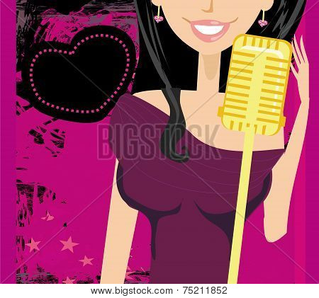 Karaoke Night, Abstract Illustration With Microphone And Singer