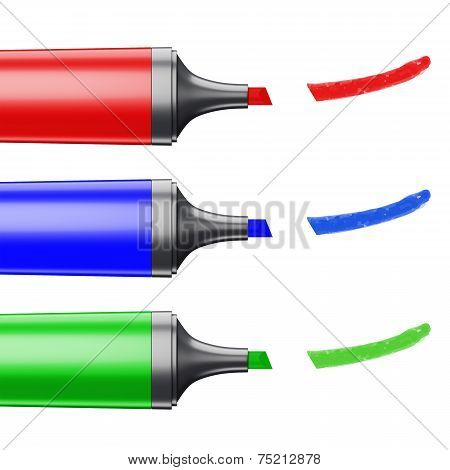 Three Colored Markers Depicting A Line On A White Background.