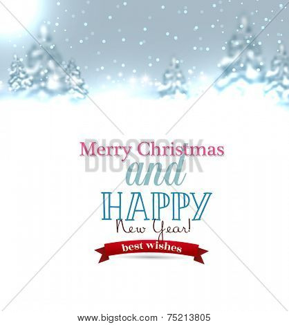 Beautiful Christmas background with blurred Christmas trees. White winter landscape. Starry sky. Vector Illustration