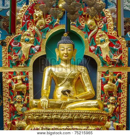 Golden temple in the Namdroling Monastery in Bylakuppe, Karnataka, India