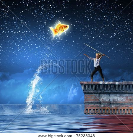 Cute girl fisherman throwing harpoon to catch gold fish