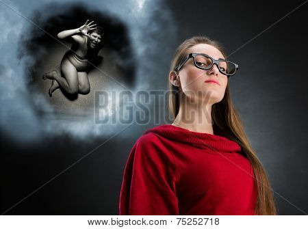 Pensive woman and cloud with her thoughts