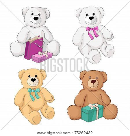 Set Of Four Teddy Bears. Vector