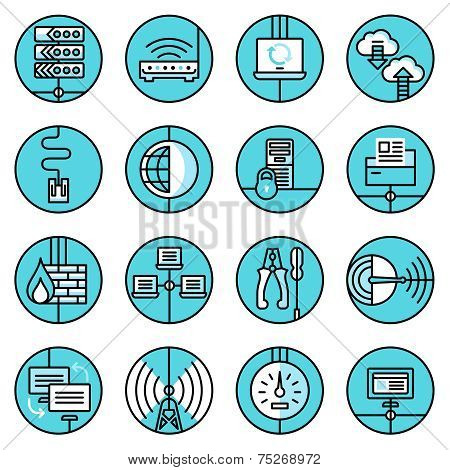 Network icons set blue line