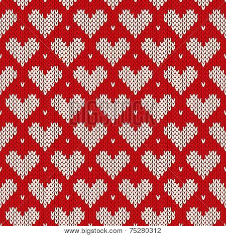 Seamless Knitted Pattern With Hearts. Valentine's Day Background