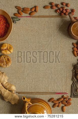 Nuts, spice and incense with a copy space
