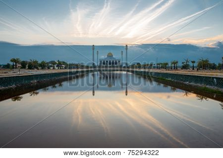 Central mosque with reflection at dusk, Songkhla, Thailand