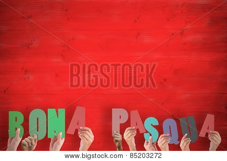 Hands holding up bona pasqua against red wooden planks