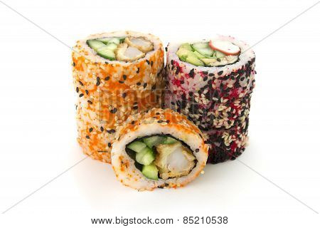 Round Rolls With Cucumber And Crab Isolated On A White