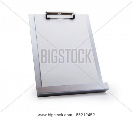 Silver vertical clipboard or paper stand, isolated on white. Focus is on the upper clipboard clip section.