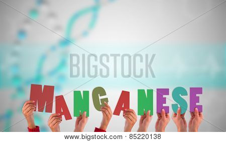 Hands holding up manganese against dna helix in blue with chemical structures