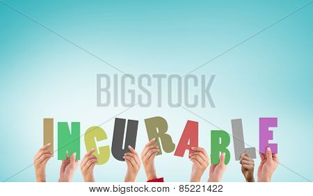 Hands holding up incurable against blue vignette background