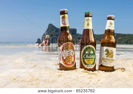 Chang,singha And Leo Beer On The Beach