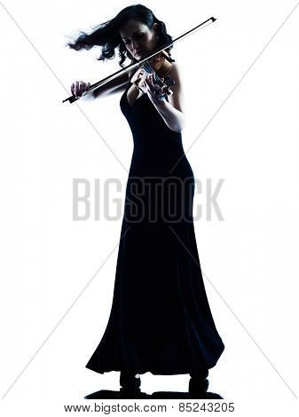 one caucasian Violinist woman player playing violon studio slihouette isolated in white background