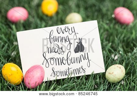 every bunny needs some bunny sometimes against blank greeting card with easter eggs