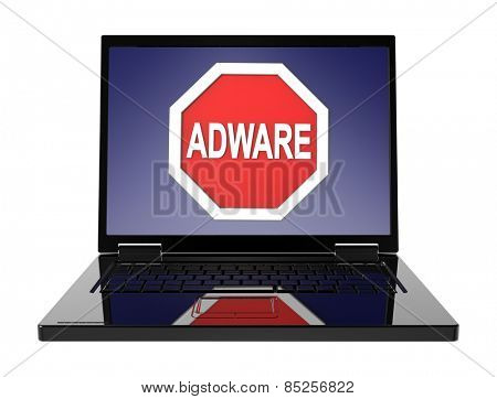 Adware warning sign on laptop screen. Computer generated 3D photo rendering.