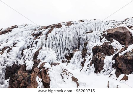 Ice Stalactites On Volcanic Rocks