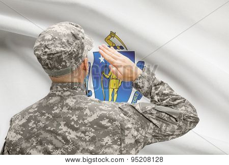 Soldier Saluting To Us State Flag Series - Massachusetts