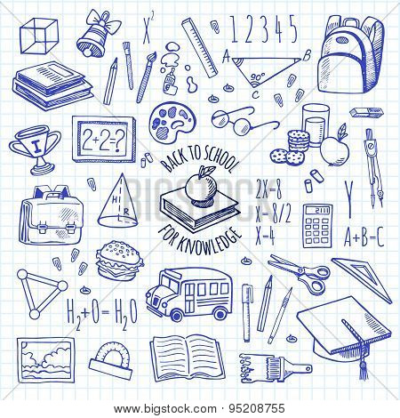School Tools Sketch Blue Icons Vector Set.