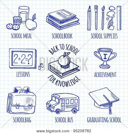 School Tools Sketch Blue Icons Vector Set.