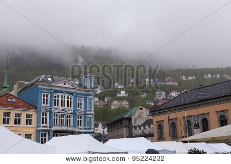 Bergen in the rain and mist
