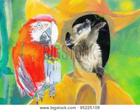 Baby Coati On A Painted Wall