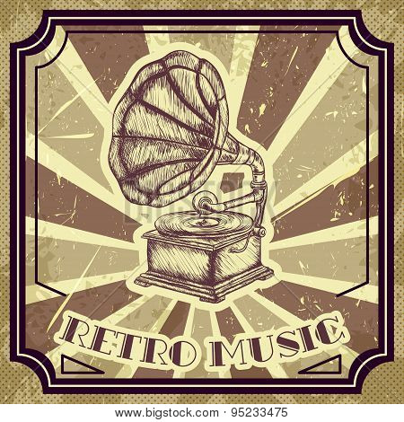 Poster with vintage gramophone. Retro hand drawn vector illustration label 