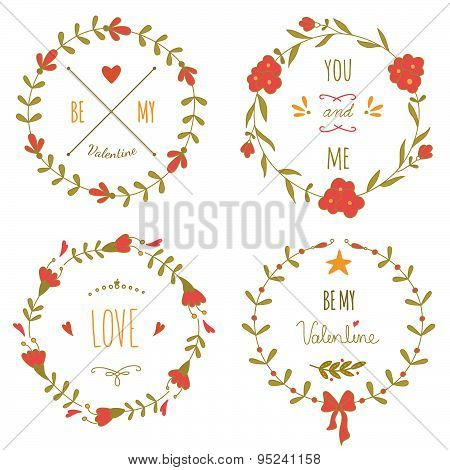 Set of Valentine's day and wedding wreaths and lettering