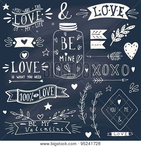 Valentine's Day Design Elements On Blackboard