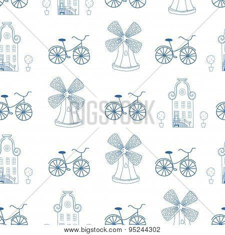 Seamless pattern with Dutch ornaments (Deflt blue style)