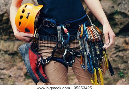 Woman Standing With Climbing Equipment