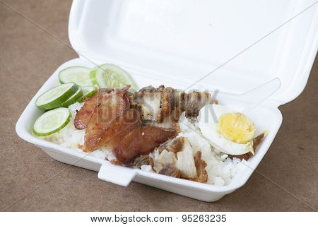 Bbq Pork , Fried Ferment Pork And Crispy Pork With Steam Rice In Foam Box
