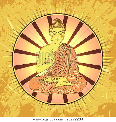 Vintage poster with sitting Buddha on the grunge background over ornate mandala round pattern. Retro