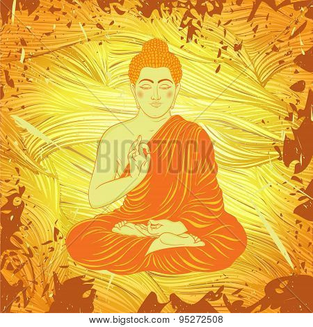 Vintage poster with sitting Buddha on the grunge background over ornate mandala round pattern. Retro